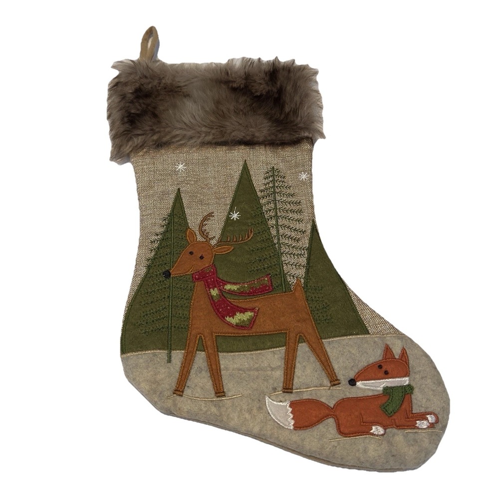 Hobby Lobby Christmas Stocking Deer Pine Trees Fox Multiple Fabric Applique‎